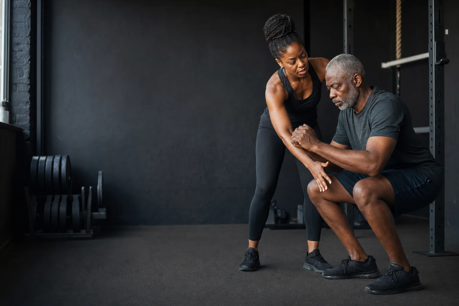 A personal trainer coaches a client while Keepslot keeps the rest of the working day organized.